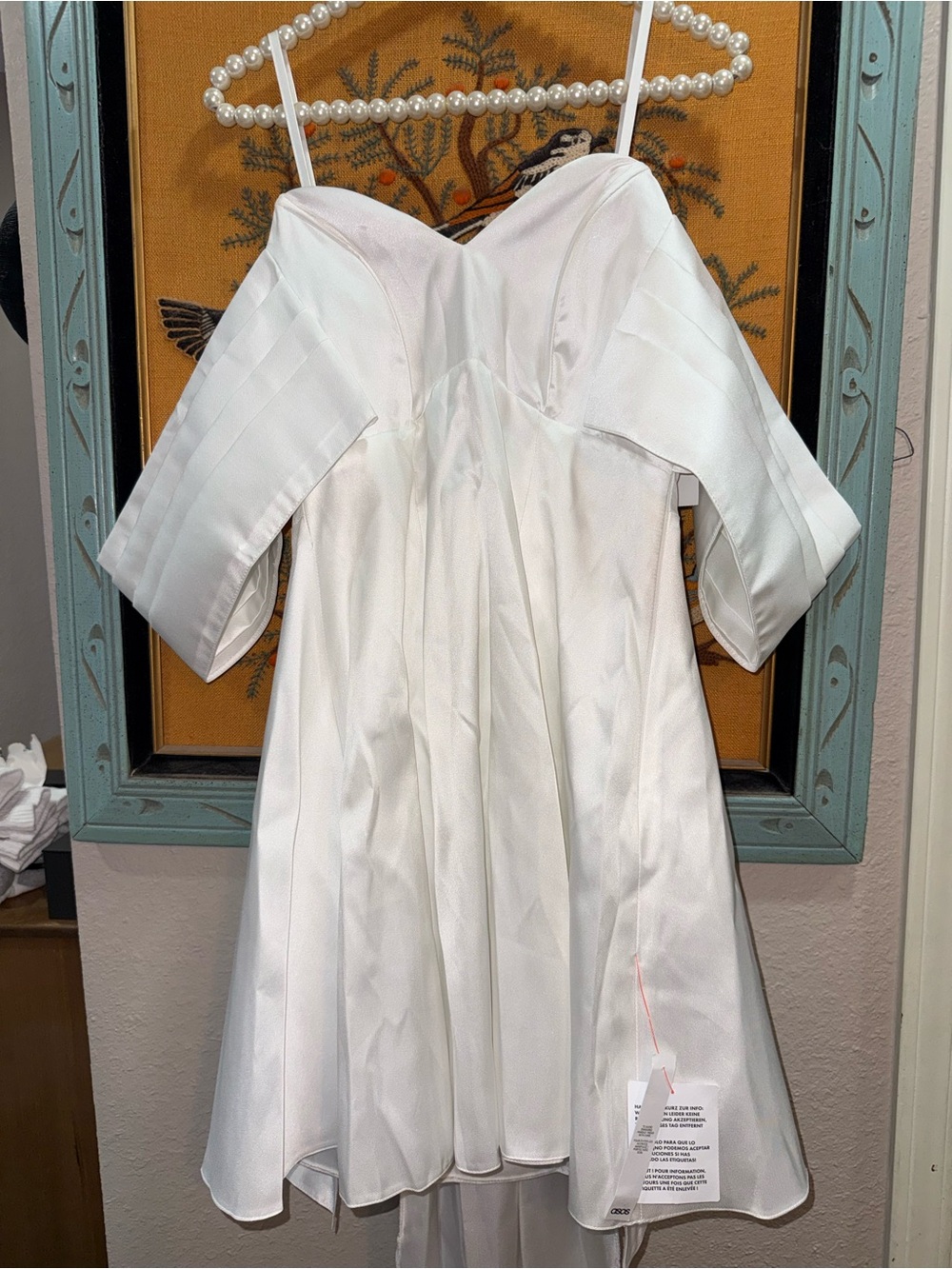 ASOS White Off-Shoulder Satin Mini Wedding Dress with Train